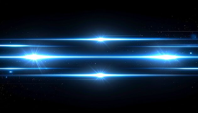 Abstract futuristic background with blue glowing horizontal lines and bright camera lens flare effect. Digital light trails and particles creating a dynamic technology concept isolated on black backgr - Powered by Adobe