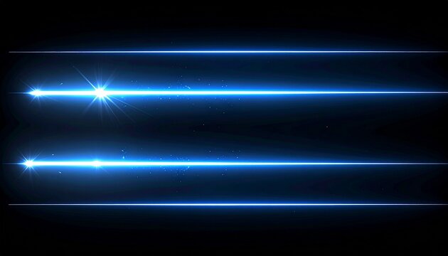 Abstract futuristic background with blue laser beams, glowing lines, and bright camera lens flare. Sci-fi light effect overlay for screen or design element isolated on a black background.