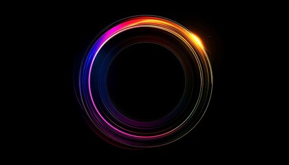 Abstract glowing ring with vibrant colorful light trails and a camera lens flare effect. Modern futuristic graphic design element for screen or overlay use, isolated on a black background.