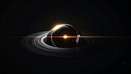 Futuristic abstract representation of a planet with intricate rings, illuminated by a bright star causing a dramatic camera lens flare and sunburst effect, set against a vast black background.