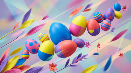 Colorful Easter eggs arranged with floral elements on a pastel background  