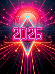 Naklejka premium Futuristic neon vibrant 2026 numbers poster. Holiday abstract futuristic design with neon glowing numbers 2026, holographic elements and vibrant colors for New Year countdown celebrations.