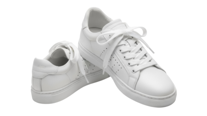Pair of white leather sneakers isolated PNG on transparent background, casual footwear for fashion and lifestyle