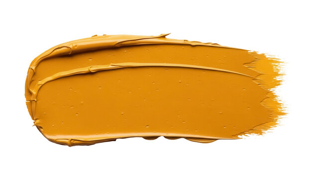 Ochre paint stroke PNG isolated on transparent background, thick brushstroke of yellow-brown pigment for artistic design and decoration