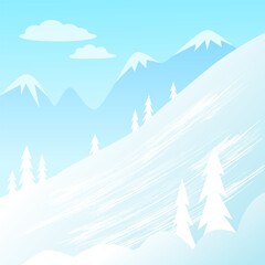 Vector winter snowy mountains landscape illustration. Flat design nature background with pines, hills, and clouds. Perfect for holiday greeting cards, banners, or web backgrounds.