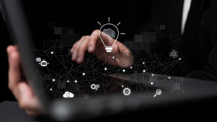 AI innovation with neural network and digital transformation. AI innovation drives automation, powers ideas, AI innovation enhances SEO, and AI innovation enables global connection. Latch