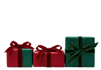 three luxurious commercial gift boxes (red and green matte paper) stacked horizontally, detailed with velvet bows and gold accents, isolated on a transparent background with copy space. concept