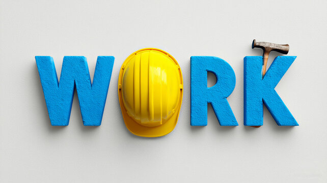 Close up of bright yellow construction helmet and blue letters spell work