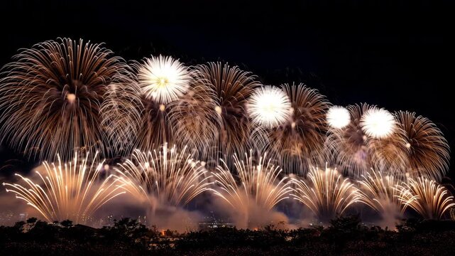 平野の夜空を満たす多色の花火が広がる祝祭の光景