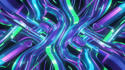 Abstract swirling iridescent ribbons of purple and green light create a mesmerizing, futuristic pattern.