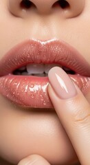 Fototapeta premium Close up woman lips with water drops and finger