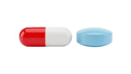 Red and white capsule with blue pill isolated PNG, pharmaceutical medication for healthcare and medical treatment on transparent background