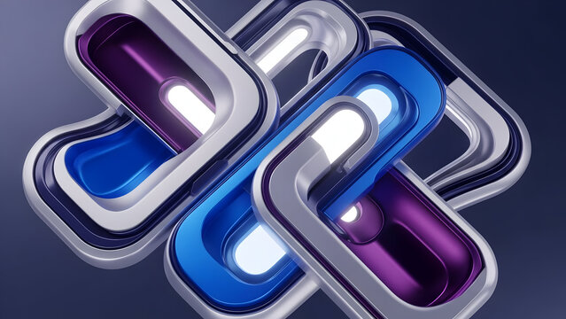 Abstract 3D rendering of interlocking metallic shapes with glowing internal lights in blue and purple.