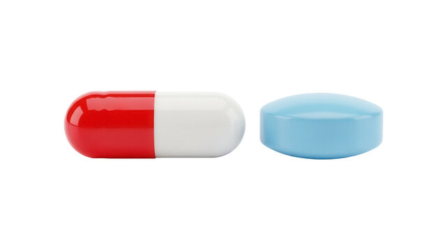 Red and white capsule with blue pill isolated PNG, pharmaceutical medication for healthcare and medical treatment on transparent background