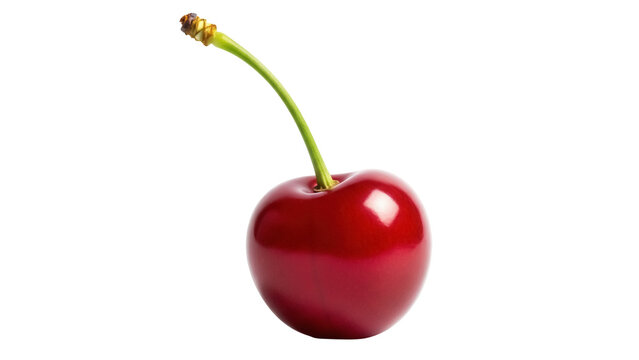 Ripe red cherry PNG isolated on transparent background, fresh fruit with stem for healthy eating and summer designs