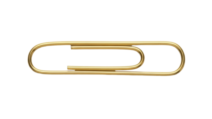 Gold paper clip isolated PNG on transparent background, shiny metal stationery item for office and school use