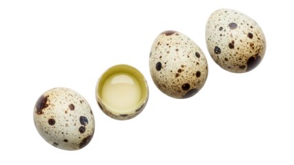 Speckled quail eggs PNG isolated on transparent background, small spotted eggs for Easter and culinary use