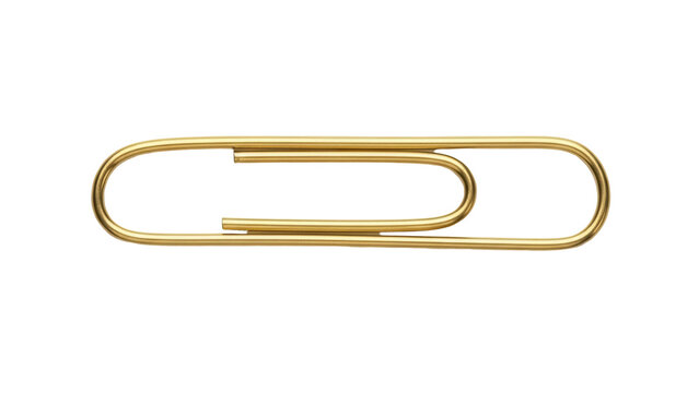Gold paper clip isolated PNG on transparent background, shiny metal stationery item for office and school use