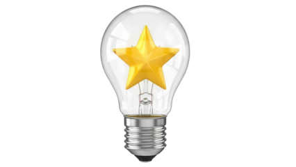 Light bulb with golden star inside isolated PNG, concept of bright idea and innovation on transparent background