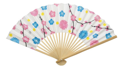 Japanese folding fan PNG isolated on transparent background, traditional hand fan with floral pattern for summer and oriental design