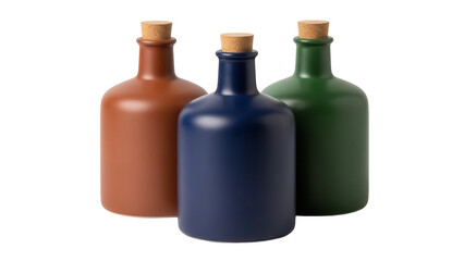 Set of three colorful ceramic bottles with cork stoppers isolated PNG, decorative containers on transparent background for kitchen and home decor