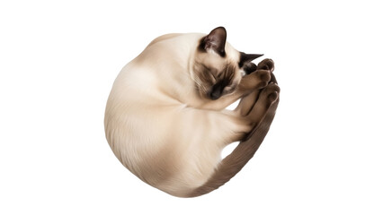 Sleeping Siamese cat PNG isolated on transparent background, curled up in a ball with paws near face, domestic animal for design use
