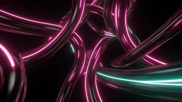 Glossy black background with razor-bright neon carnival tubes weaving dynamically, cinematic 4K render.