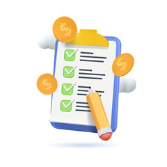 Finance checklist with pencil and coins. Money management, revenue, financial planning, budgeting tasks. To do list CRM solution system, marketing