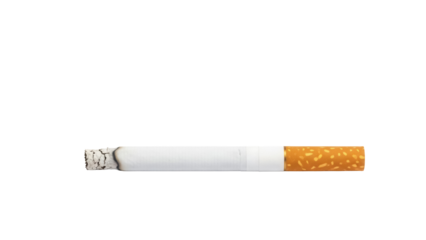 Smoldering cigarette isolated PNG on transparent background, unhealthy habit and nicotine addiction concept for graphic design and web use