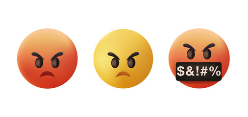 3d Red and Yellow Angry emoji Face, emoticon Face with Symbols Over Mouth, Serious Face with Symbols Covering Mouth, red mad, Grumpy, angry emotion, Swearing, Grawlix, Cussing, Cursing character