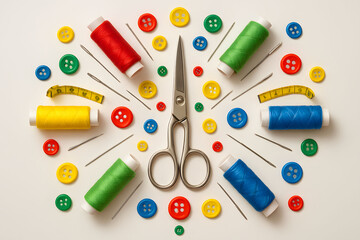 Artistic composition of thread spools, needles, and scissors.