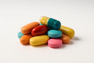 Pile of diverse colorful medical pills and capsules on white background.