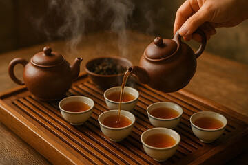 Traditional Chinese tea ceremony with clay teapot and steaming cups.