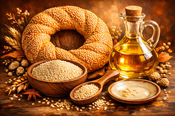 Mediterranean food concept with sesame bagel and olive oil.