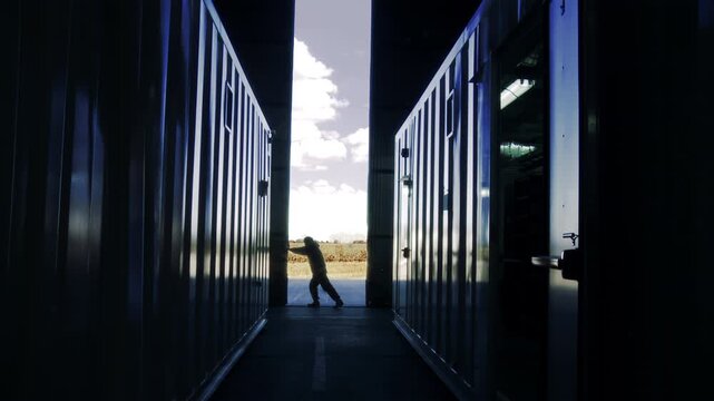 Industrial Interior With Silhouette of Man Opening Doors to Daylight - 4K