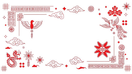Intricate Chinese New Year Decorative Border with Dragon, Phoenix, Clouds, and Geometric Patterns, isolated white background