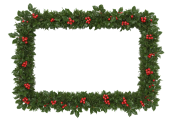 Photorealistic flat lay of a detailed christmas holly garland forming an elegant rectangular frame with glossy red berries and deep green leaves, isolated on a transparent background with ample copy