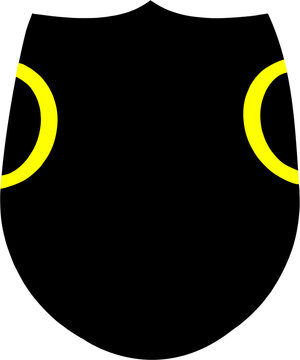 Minimalist black shield with yellow crescent moon shapes on sides for logo design isolated security badge vector icon simple armor silhouette with geometric decorative line elements.