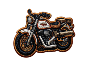 Embroidered patch depicting a detailed vintage motorcycle with a textured, stitched appearance