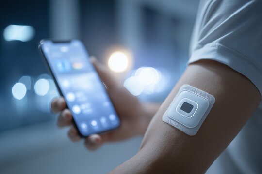 Arm with wearable biomedical sensor patch wirelessly connected to a person holding a blurry smartphone, concept for remote monitoring technology, diabetes management and digital medical consultation