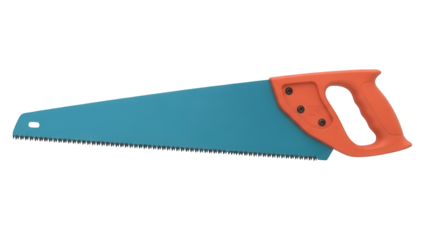 Hand saw with orange handle isolated PNG, carpentry tool for woodworking and construction on transparent background