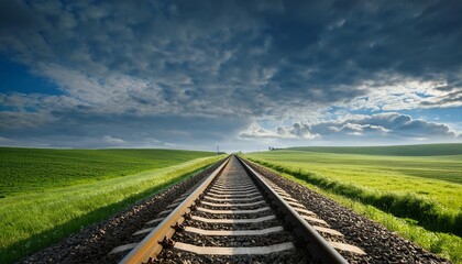 Fototapeta premium Railway Tracks Stretch Through A Green Landscape Under A Cloudy Sky