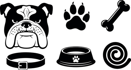 Bulldog dog face paw print bone collar bowl and leash vector illustration black and white 