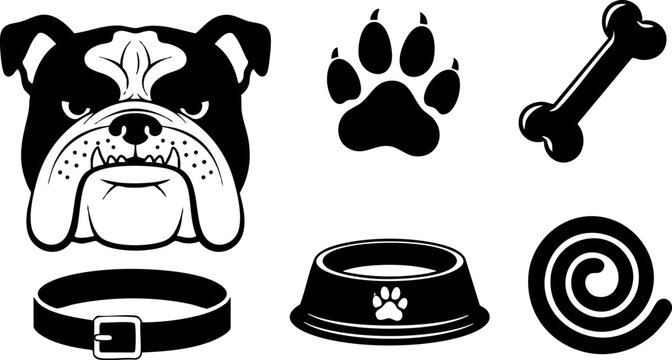 Bulldog dog face paw print bone collar bowl and leash vector illustration black and white 