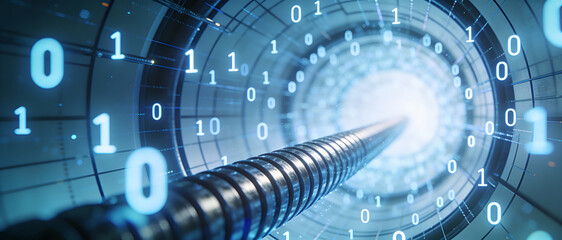 Futuristic cable passing through digital tunnel with binary code, symbolizing high speed data transfer and global connectivity.