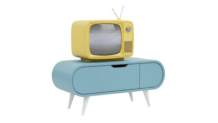 Retro yellow TV on blue cabinet isolated PNG, vintage television set with antenna on mid-century modern stand for design use