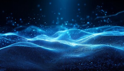 Abstract Glowing Blue Digital Waves Forming Hills And Valleys With Sparkling Light Particles In A Dark Cosmic Background With Soft Bokeh Effect