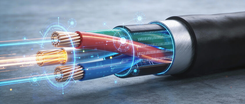 Industrial power cable in cross section with colored wires and digital HUD interface, representing smart grid technology.
