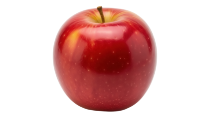 Shiny red apple isolated PNG, fresh fruit with stem on transparent background, healthy snack for diet and nutrition
