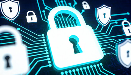 Cybersecurity icons floating above secure network, digital lock and shield icons symbolizing layered protection